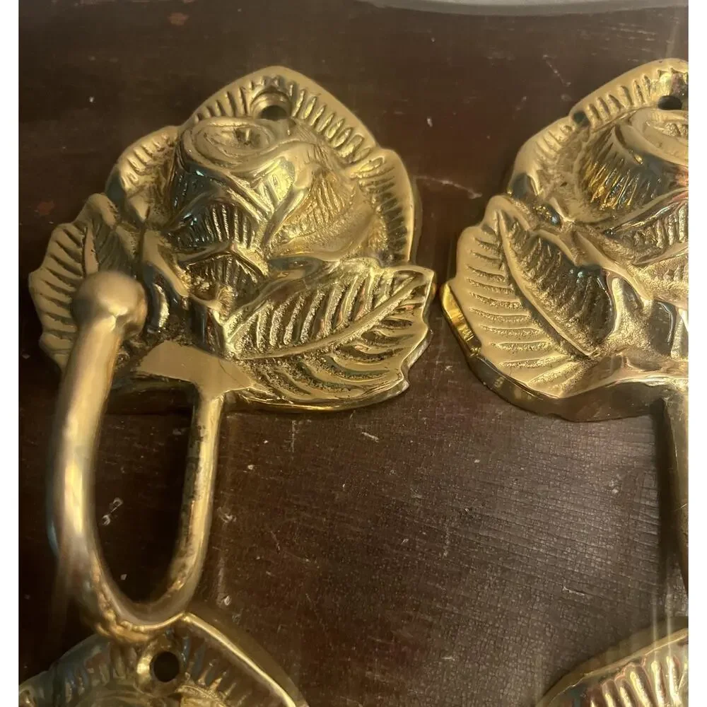Vintage Brass Rose Wall Hooks, Lacquered Floral Hardware Set of 4